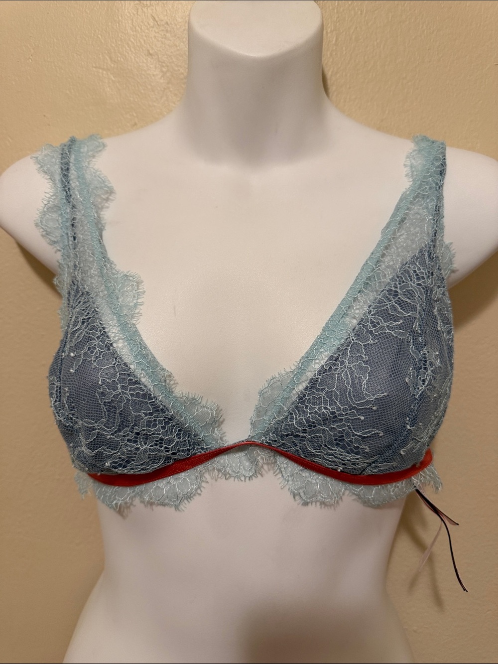 Victoria's Secret Light Blue Lace Bralette with Red Trim